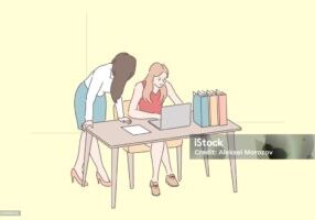 Female office workers concept. Colleagues chatting at workplace, lady boss monitoring employees performance, supervisor explaining work duties details to new coworker. Simple flat vector